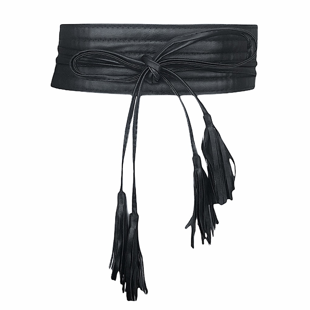 Black Wide Width Double Tassel Tie Belt